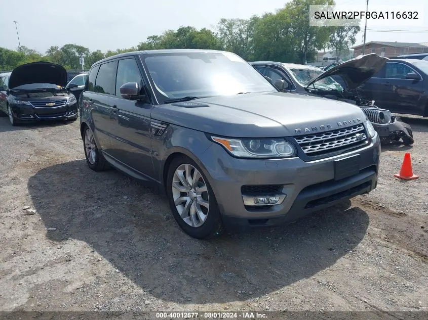 2016 Land Rover Range Rover Sport 3.0L V6 Supercharged Hse VIN: SALWR2PF8GA116632 Lot: 40012577