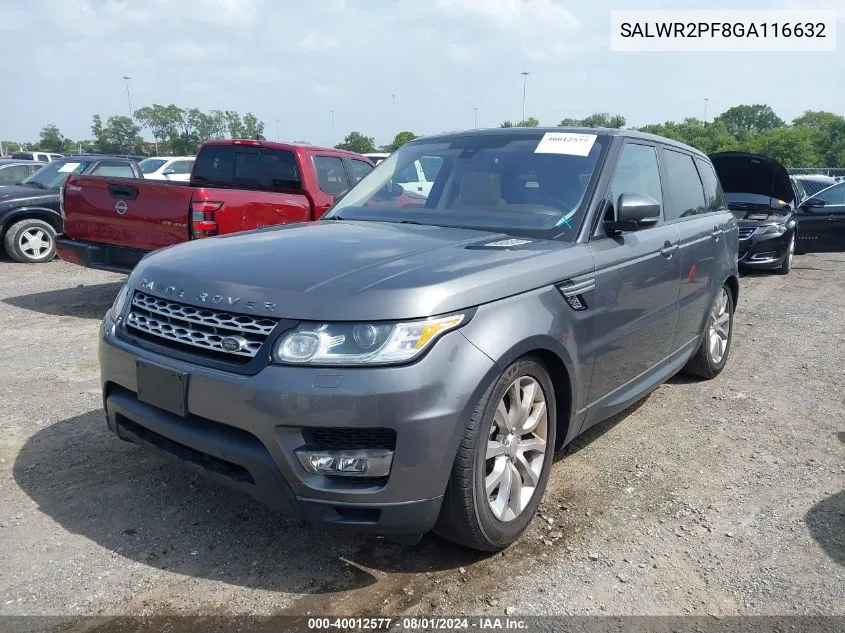 2016 Land Rover Range Rover Sport 3.0L V6 Supercharged Hse VIN: SALWR2PF8GA116632 Lot: 40012577