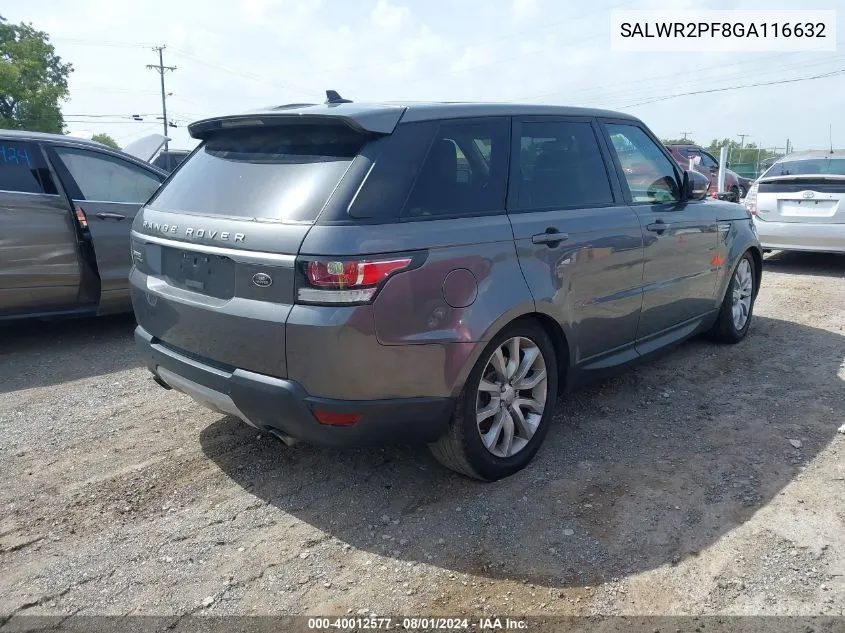 2016 Land Rover Range Rover Sport 3.0L V6 Supercharged Hse VIN: SALWR2PF8GA116632 Lot: 40012577