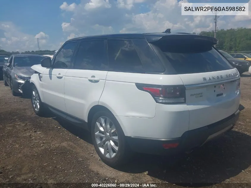 2016 Land Rover Range Rover Sport 3.0L V6 Supercharged Hse VIN: SALWR2PF6GA598582 Lot: 40226860