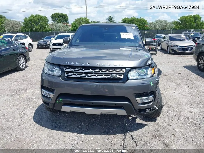 2016 Land Rover Range Rover Sport 3.0L V6 Supercharged Hse VIN: SALWR2PF9GA647984 Lot: 40302233