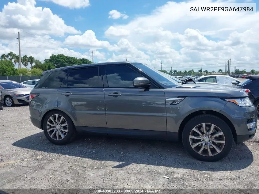 2016 Land Rover Range Rover Sport 3.0L V6 Supercharged Hse VIN: SALWR2PF9GA647984 Lot: 40302233