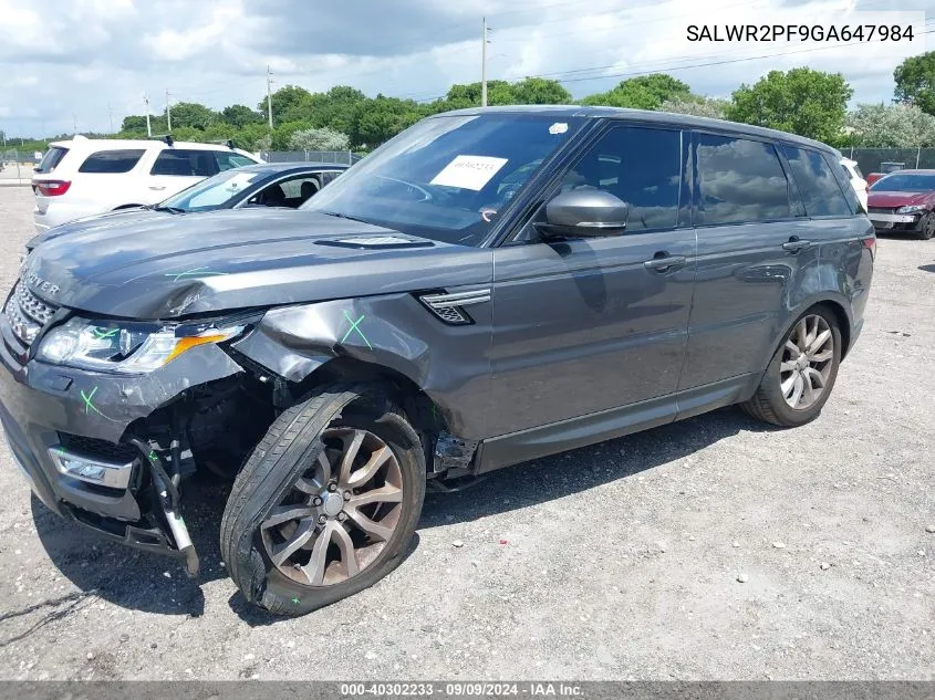 2016 Land Rover Range Rover Sport 3.0L V6 Supercharged Hse VIN: SALWR2PF9GA647984 Lot: 40302233