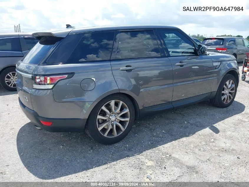 2016 Land Rover Range Rover Sport 3.0L V6 Supercharged Hse VIN: SALWR2PF9GA647984 Lot: 40302233