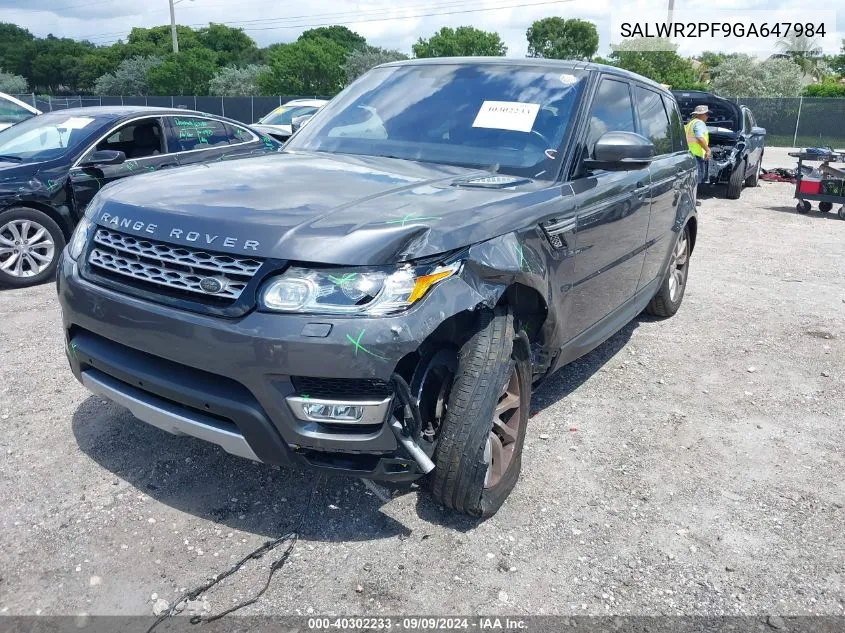 2016 Land Rover Range Rover Sport 3.0L V6 Supercharged Hse VIN: SALWR2PF9GA647984 Lot: 40302233