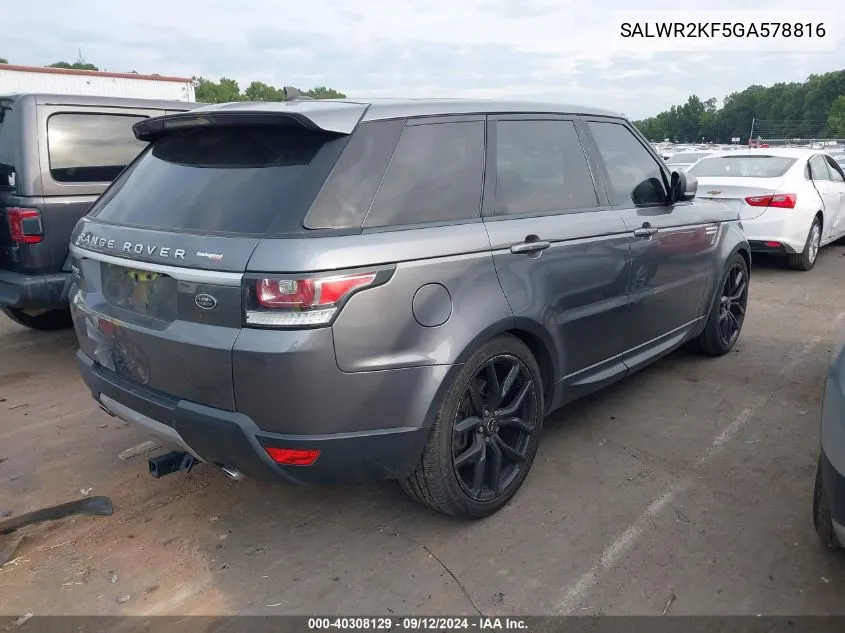 2016 Land Rover Range Rover Sport 3.0L V6 Turbocharged Diesel Hse Td6 VIN: SALWR2KF5GA578816 Lot: 40308129