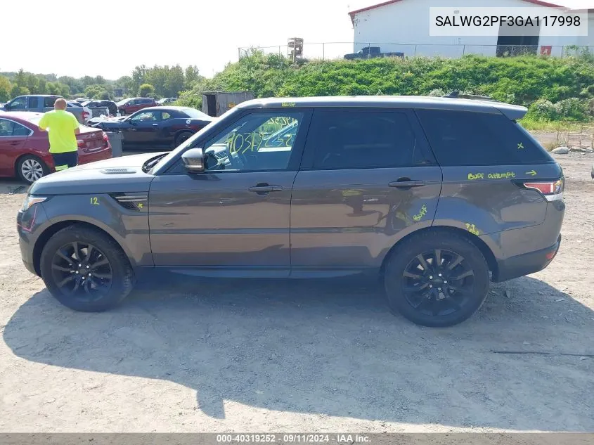 2016 Land Rover Range Rover Sport Se VIN: SALWG2PF3GA117998 Lot: 40319252