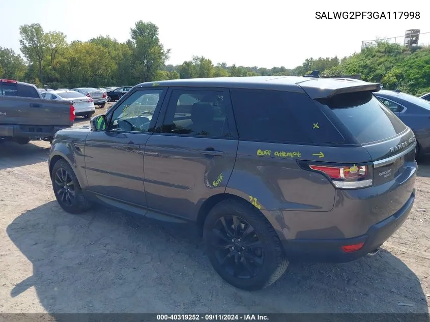 2016 Land Rover Range Rover Sport Se VIN: SALWG2PF3GA117998 Lot: 40319252