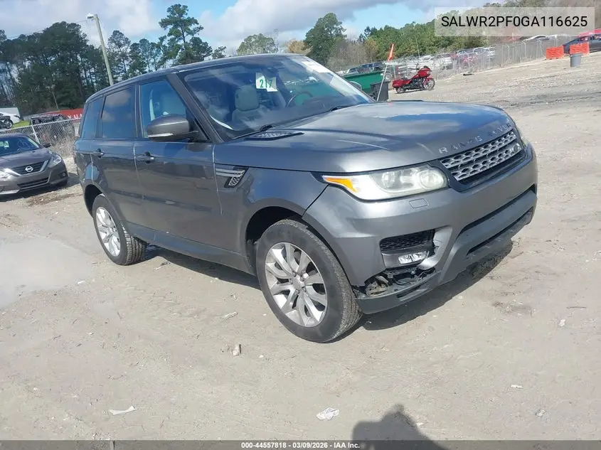 2016 Land Rover Range Rover Sport 3.0L V6 Supercharged Hse VIN: SALWR2PF0GA116625 Lot: 44557818