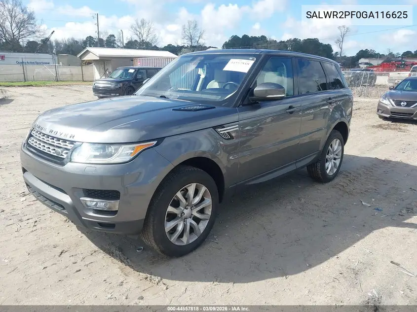 2016 Land Rover Range Rover Sport 3.0L V6 Supercharged Hse VIN: SALWR2PF0GA116625 Lot: 44557818