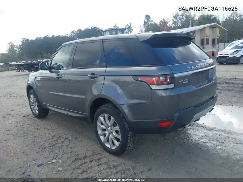 2016 Land Rover Range Rover Sport 3.0L V6 Supercharged Hse VIN: SALWR2PF0GA116625 Lot: 44557818