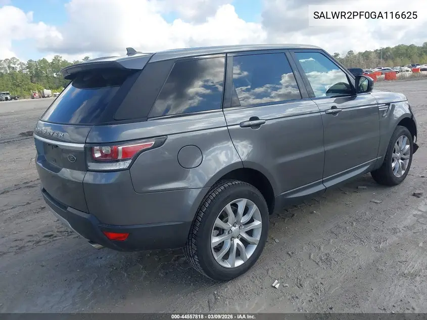 2016 Land Rover Range Rover Sport 3.0L V6 Supercharged Hse VIN: SALWR2PF0GA116625 Lot: 44557818