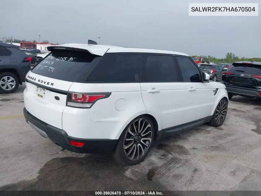 2017 Land Rover Range Rover Sport 3.0L V6 Turbocharged Diesel Hse Td6 VIN: SALWR2FK7HA670504 Lot: 39826470