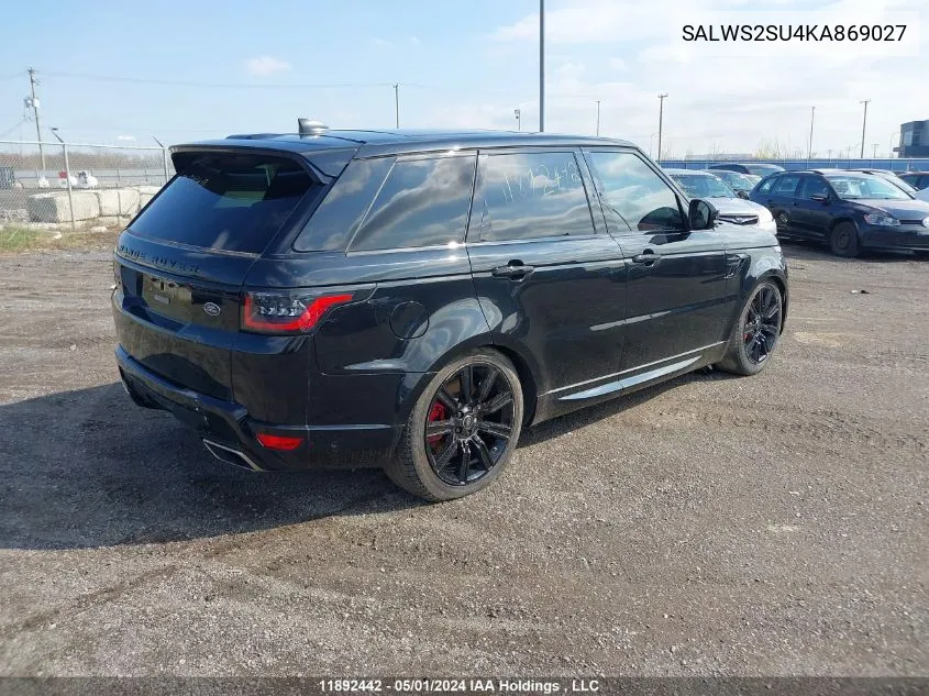 2019 Land Rover Range Rover Sport Hst VIN: SALWS2SU4KA869027 Lot: 11892442