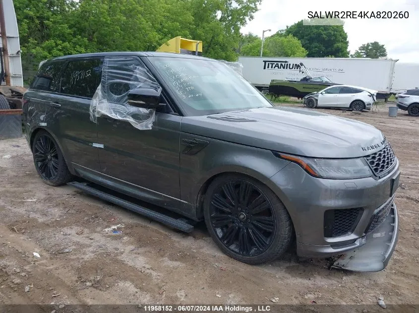 2019 Land Rover Range Rover Sport Supercharged Dynamic VIN: SALWR2RE4KA820260 Lot: 11958152