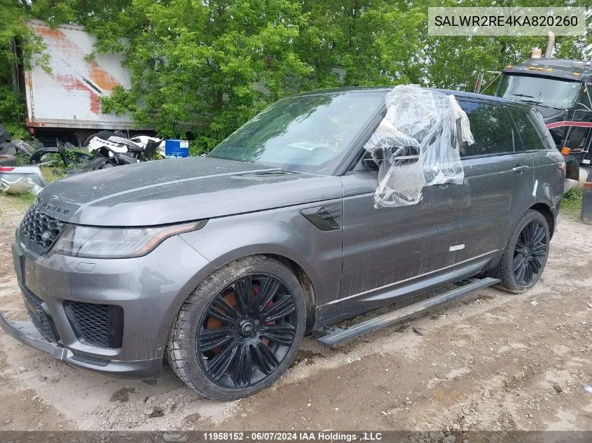 2019 Land Rover Range Rover Sport Supercharged Dynamic VIN: SALWR2RE4KA820260 Lot: 11958152