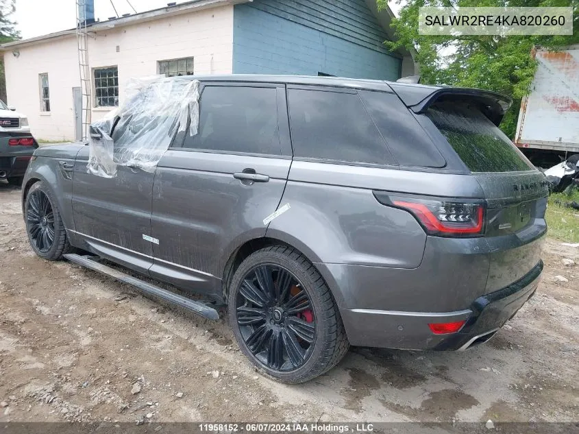 2019 Land Rover Range Rover Sport Supercharged Dynamic VIN: SALWR2RE4KA820260 Lot: 11958152