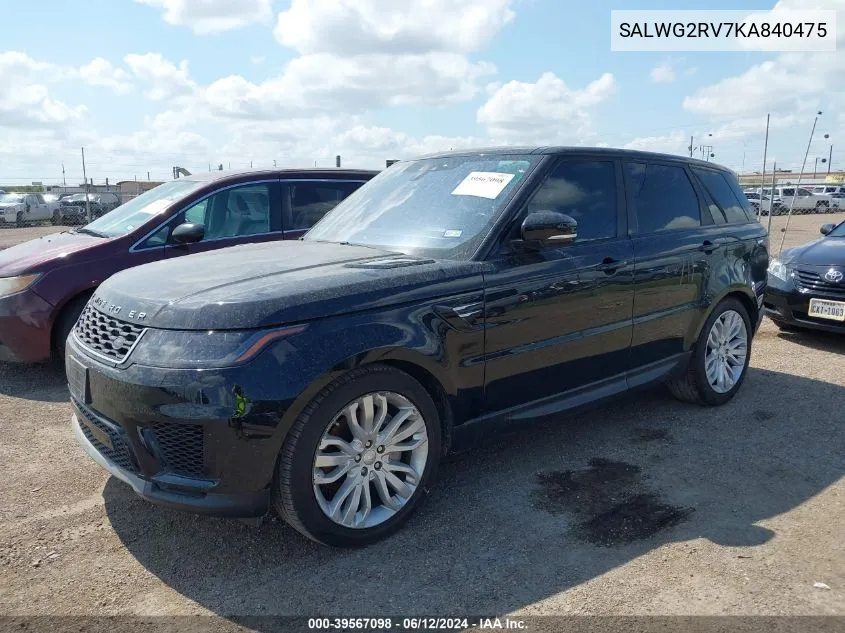 2019 Land Rover Range Rover Sport Se VIN: SALWG2RV7KA840475 Lot: 39567098