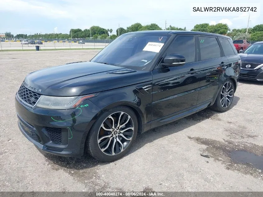 2019 Land Rover Range Rover Sport Hse VIN: SALWR2RV6KA852742 Lot: 40048274