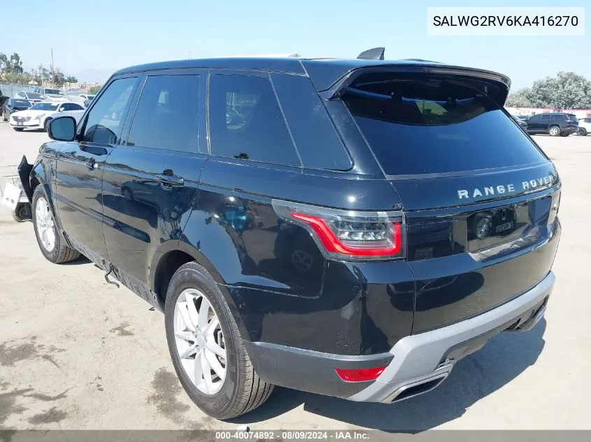 2019 Land Rover Range Rover Sport Se VIN: SALWG2RV6KA416270 Lot: 40074892