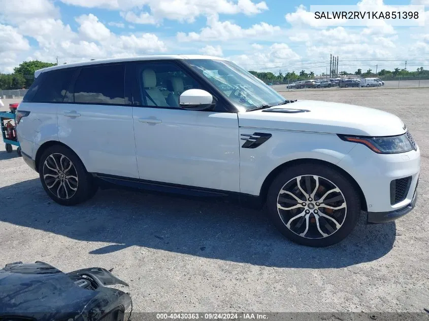 2019 Land Rover Range Rover Sport Hse VIN: SALWR2RV1KA851398 Lot: 40430363