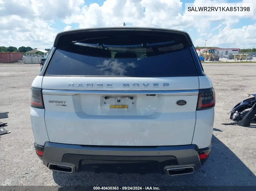 2019 Land Rover Range Rover Sport Hse VIN: SALWR2RV1KA851398 Lot: 40430363