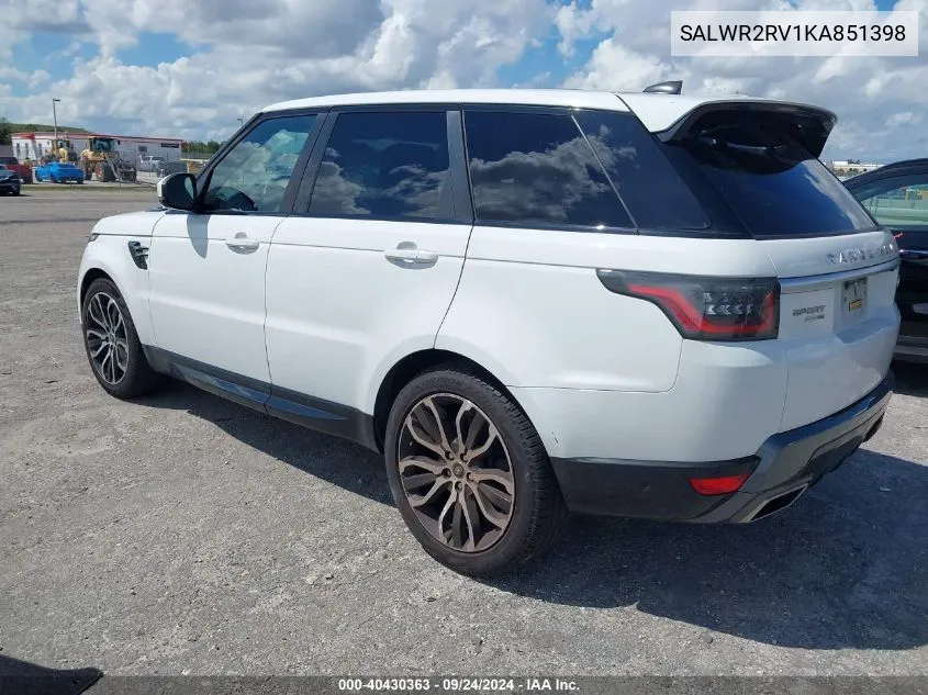 2019 Land Rover Range Rover Sport Hse VIN: SALWR2RV1KA851398 Lot: 40430363