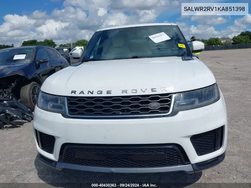 2019 Land Rover Range Rover Sport Hse VIN: SALWR2RV1KA851398 Lot: 40430363