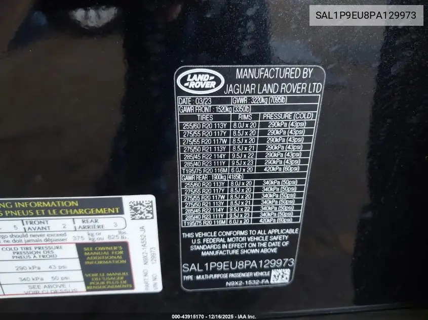 SAL1P9EU8PA129973 2023 Land Rover Range Rover Sport Se