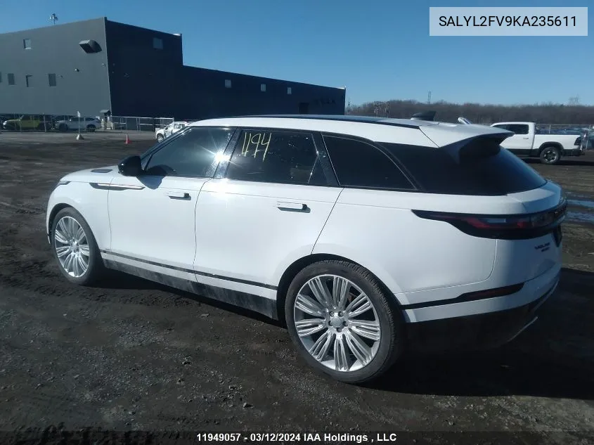 2019 Land Rover Range Rover Velar VIN: SALYL2FV9KA235611 Lot: 11949057