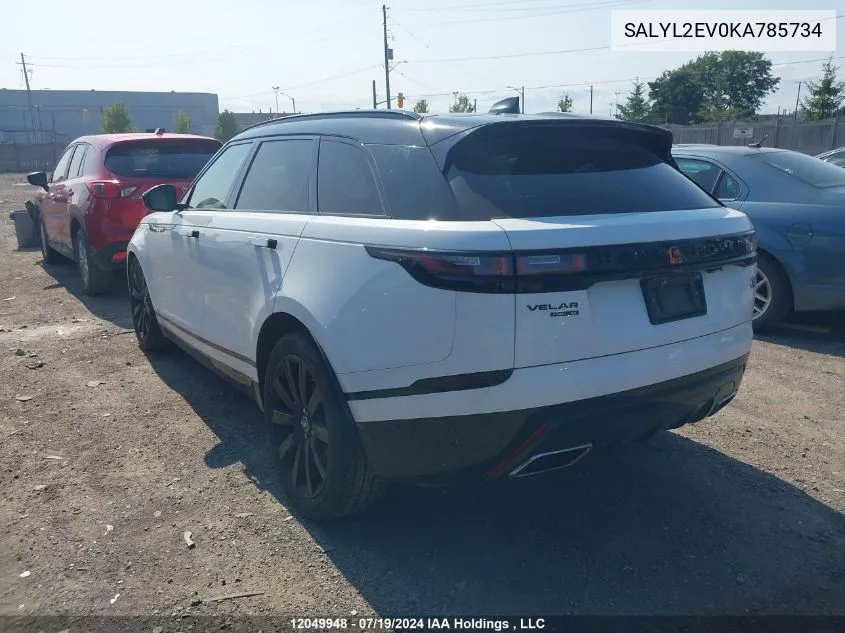 2019 Land Rover Range Rover Velar VIN: SALYL2EV0KA785734 Lot: 12049948