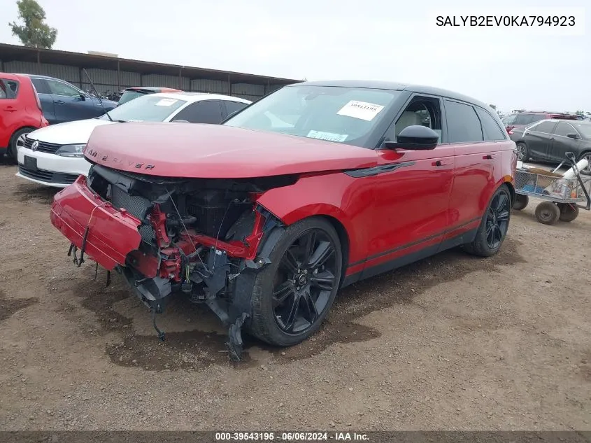 2019 Land Rover Range Rover Velar P340 S/P380 S VIN: SALYB2EV0KA794923 Lot: 39543195