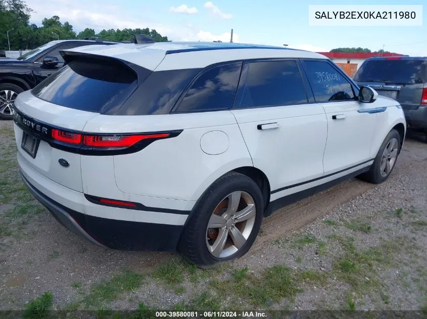 2019 Land Rover Range Rover Velar P250 S VIN: SALYB2EX0KA211980 Lot: 39580081