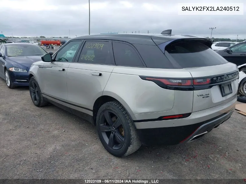 2020 Land Rover Range Rover Velar VIN: SALYK2FX2LA240512 Lot: 12023109