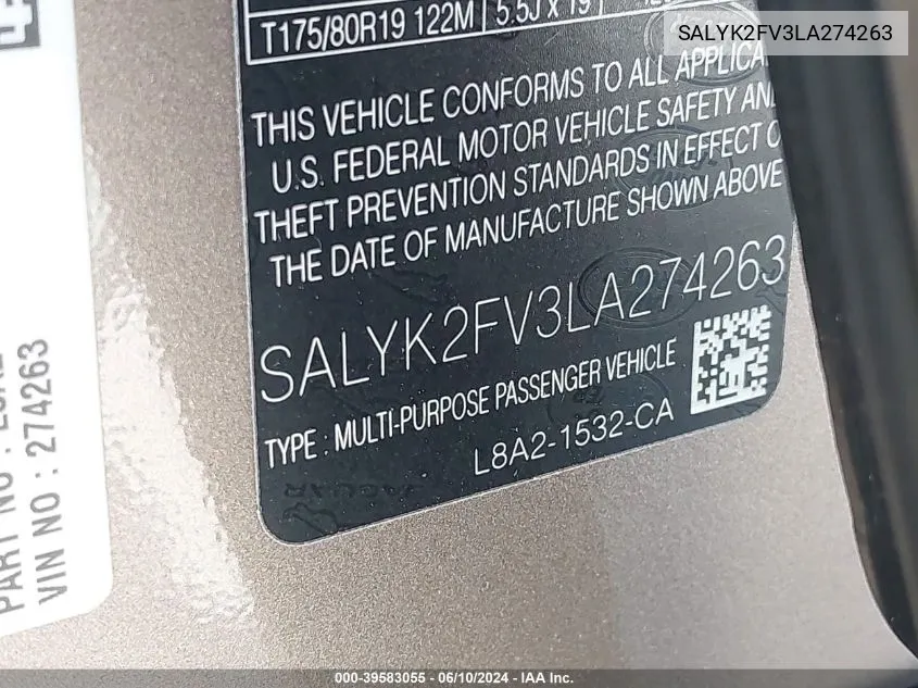 SALYK2FV3LA274263 2020 Land Rover Range Rover Velar P340 R-Dynamic S