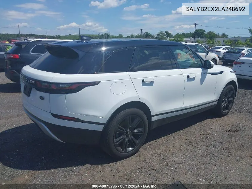 2020 Land Rover Range Rover Velar P250 S VIN: SALYB2EX2LA248692 Lot: 40075296