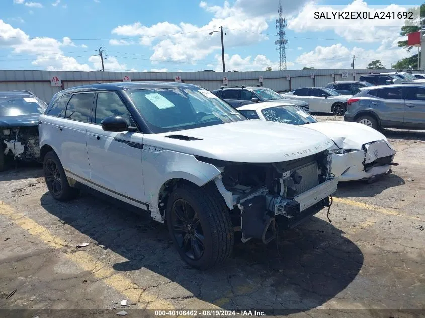 2020 Land Rover Range Rover Velar P250 R-Dynamic S VIN: SALYK2EX0LA241692 Lot: 40106462