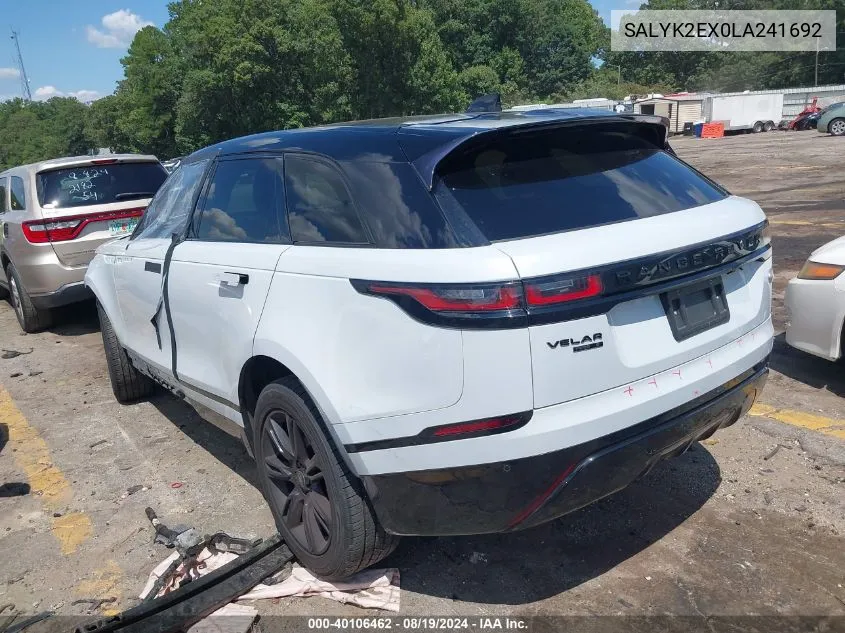 2020 Land Rover Range Rover Velar P250 R-Dynamic S VIN: SALYK2EX0LA241692 Lot: 40106462