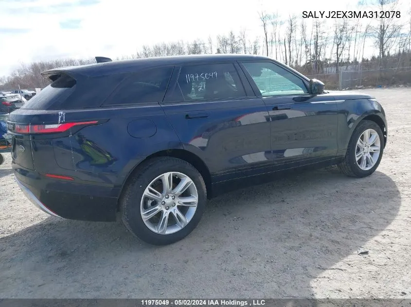 2021 Land Rover Range Rover Velar VIN: SALYJ2EX3MA312078 Lot: 11975049