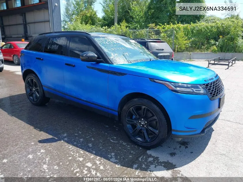 2022 Land Rover Range Rover Velar VIN: SALYJ2EX6NA334691 Lot: 11981297