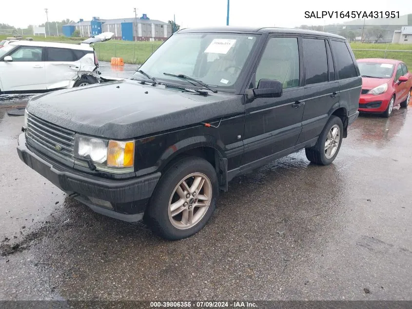 2000 Land Rover Range Rover 4.6 Hse VIN: SALPV1645YA431951 Lot: 39806355