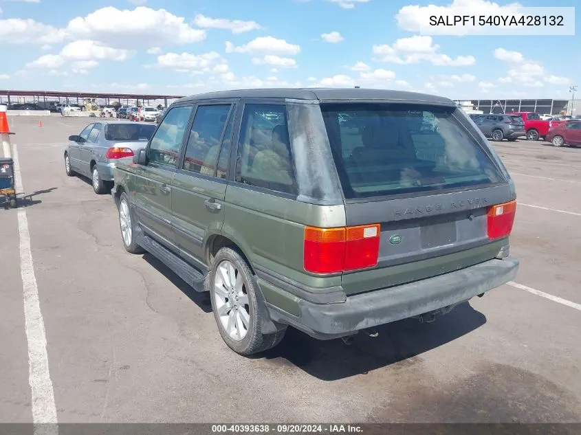 2000 Land Rover Range Rover 4.0/4.0 Se/County VIN: SALPF1540YA428132 Lot: 40393638