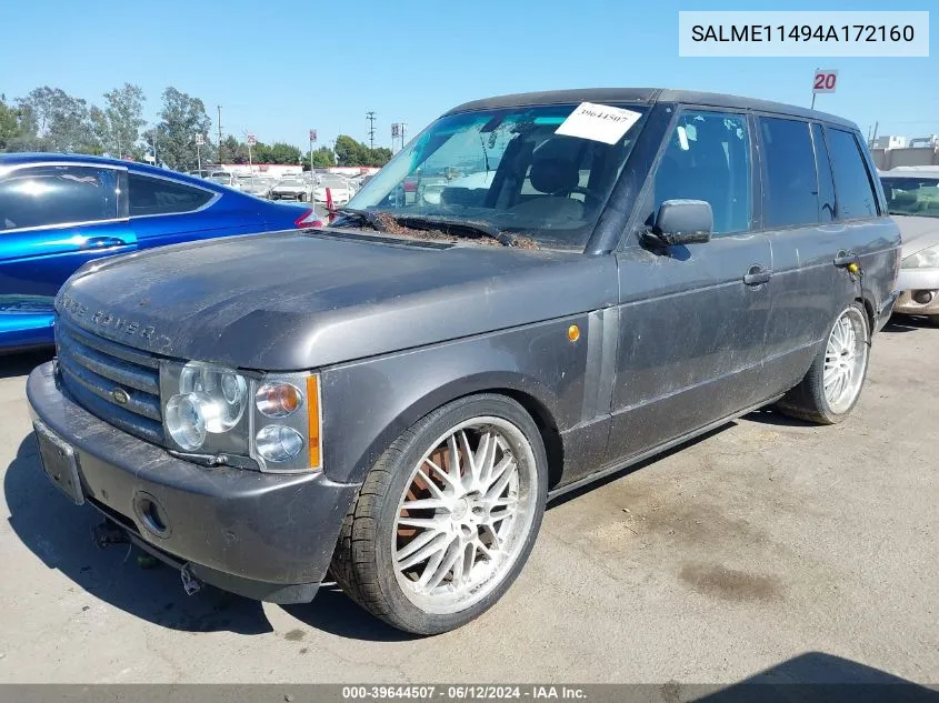 2004 Land Rover Range Rover Hse VIN: SALME11494A172160 Lot: 39644507