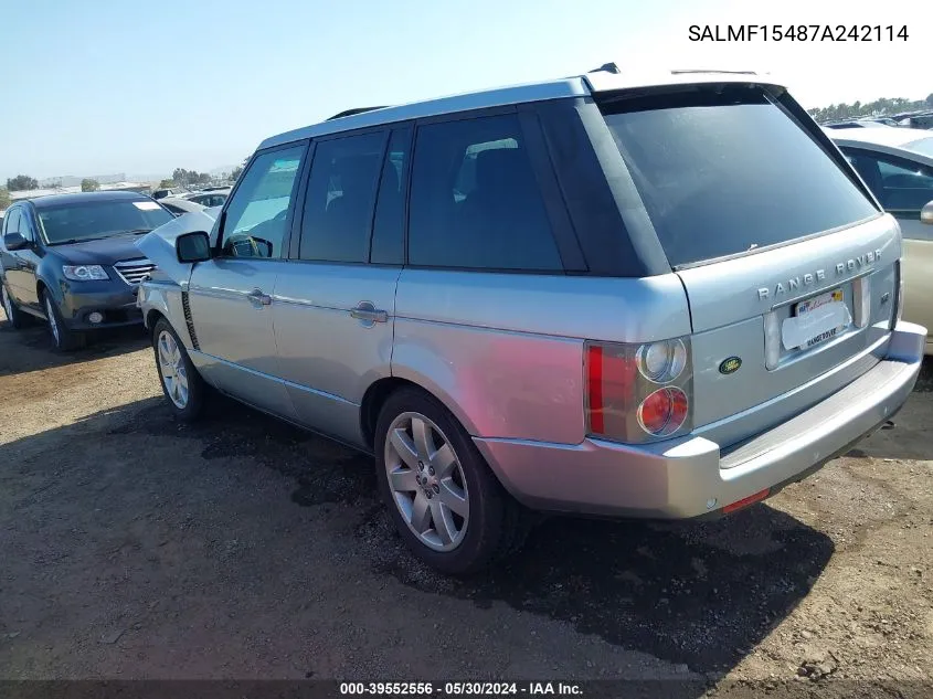 2007 Land Rover Range Rover Hse VIN: SALMF15487A242114 Lot: 39552556