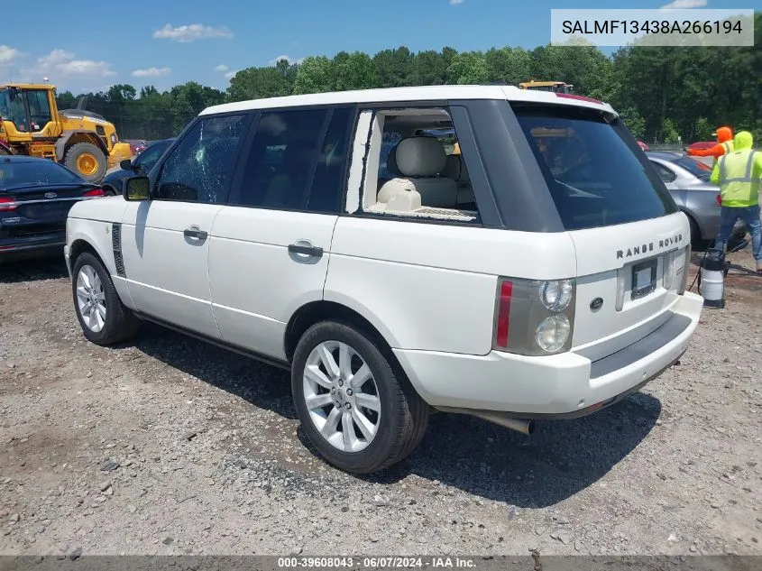 2008 Land Rover Range Rover Supercharged VIN: SALMF13438A266194 Lot: 39608043