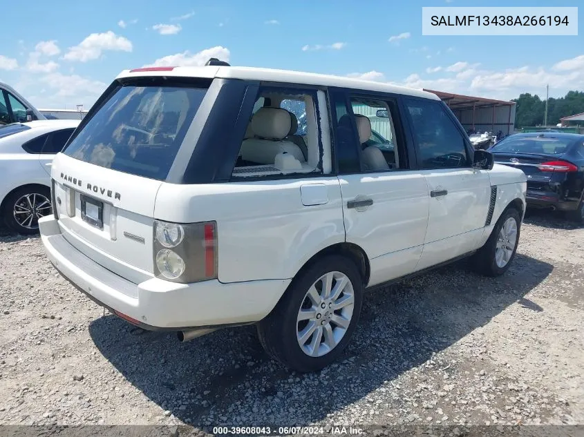 2008 Land Rover Range Rover Supercharged VIN: SALMF13438A266194 Lot: 39608043