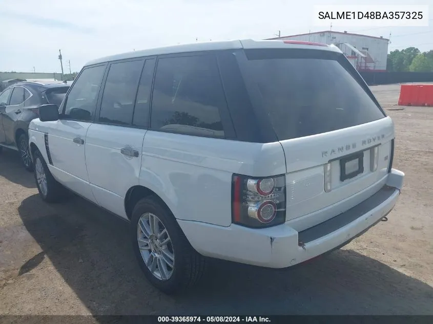 2011 Land Rover Range Rover Hse VIN: SALME1D48BA357325 Lot: 39365974