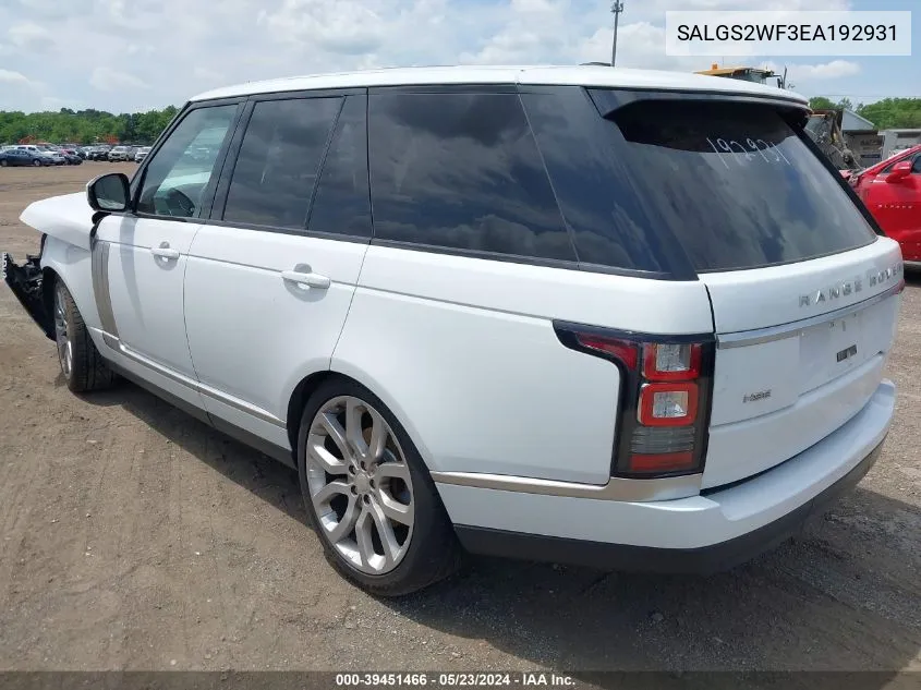 2014 Land Rover Range Rover 3.0L V6 Supercharged Hse VIN: SALGS2WF3EA192931 Lot: 39451466