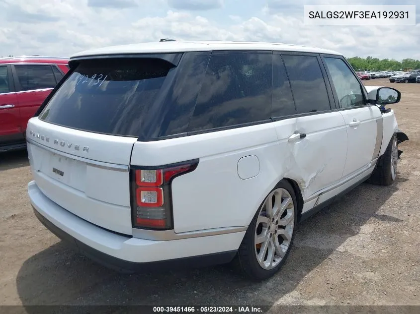 2014 Land Rover Range Rover 3.0L V6 Supercharged Hse VIN: SALGS2WF3EA192931 Lot: 39451466