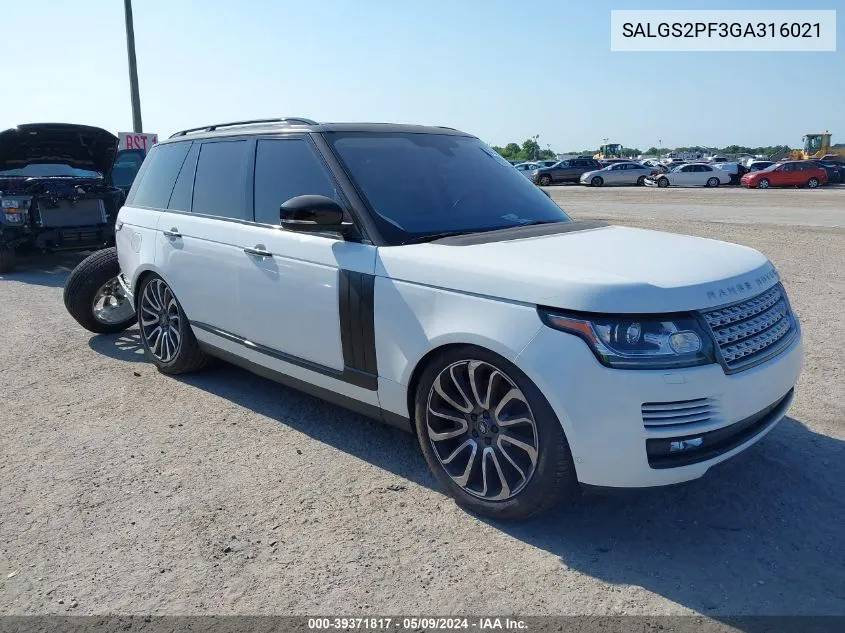 2016 Land Rover Range Rover 3.0L V6 Supercharged Hse VIN: SALGS2PF3GA316021 Lot: 39371817